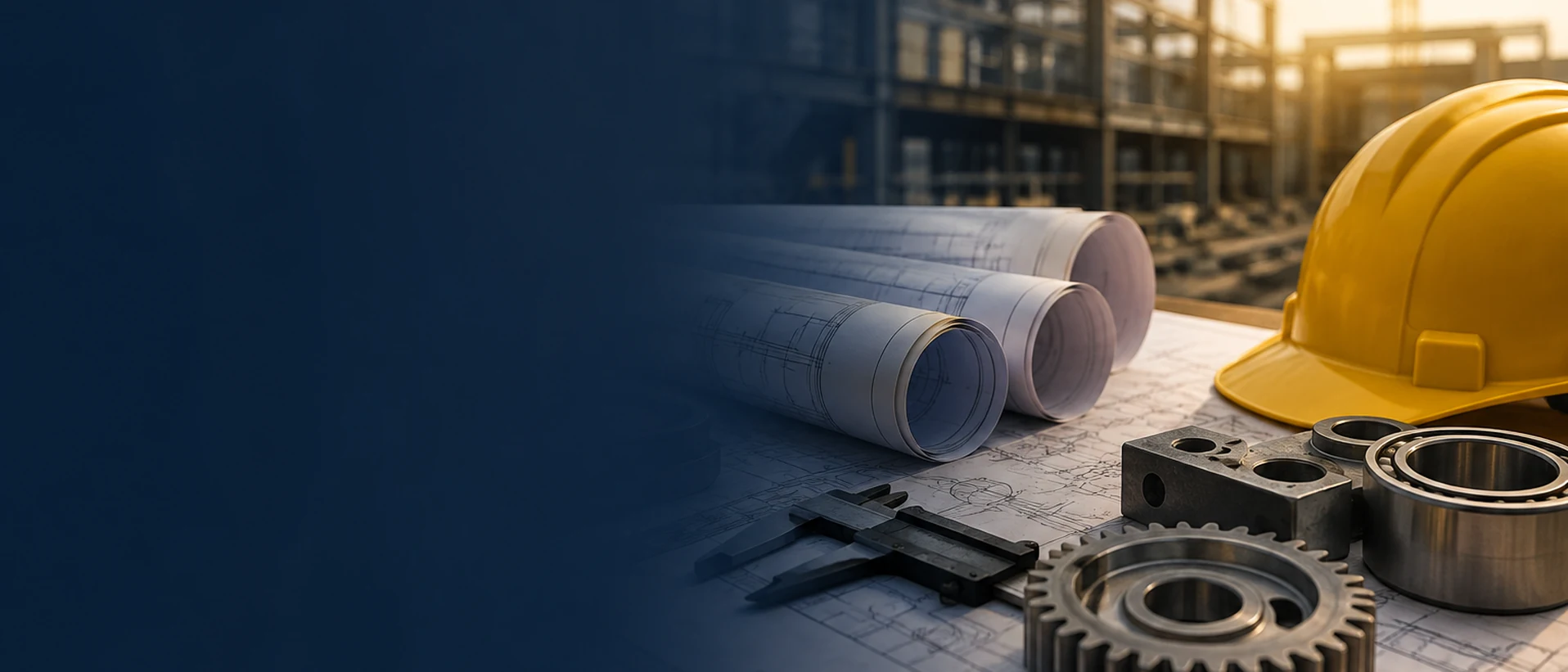 Construction hard hat, engineering components and technical drawings beside a building site