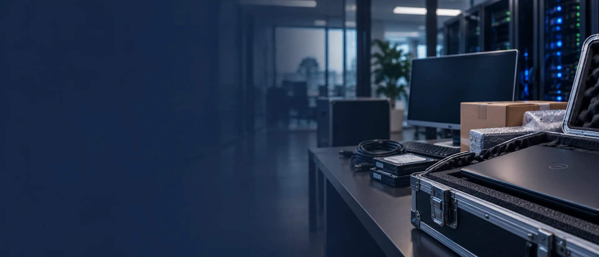 Laptop, hard drives and IT equipment in protective cases beside networking racks