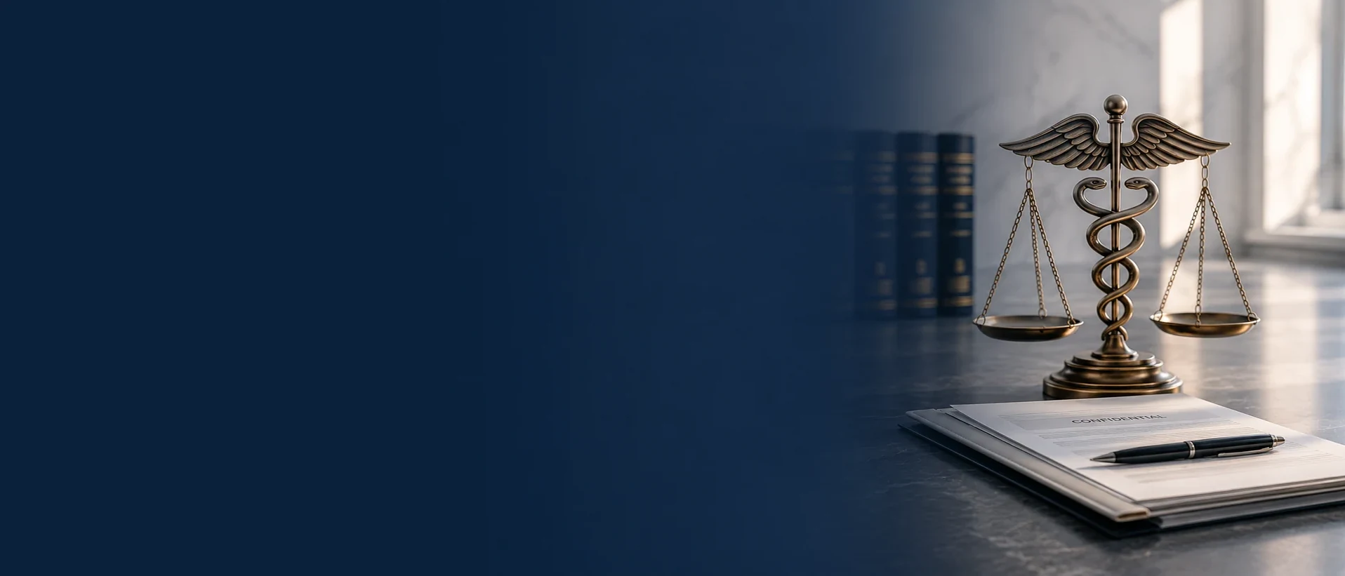 Scales of justice beside confidential legal documents and a pen