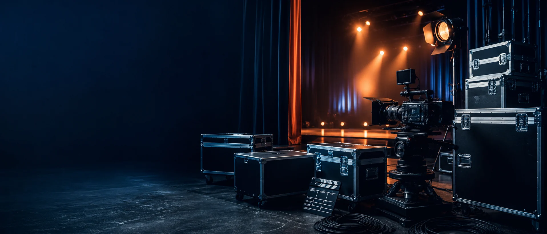 Film, television and theatre production equipment beside a warmly lit stage