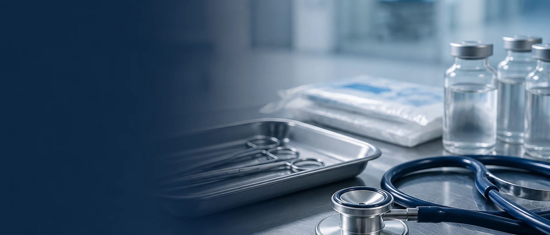 Stethoscope, clinical instruments and sealed medical items in a healthcare setting