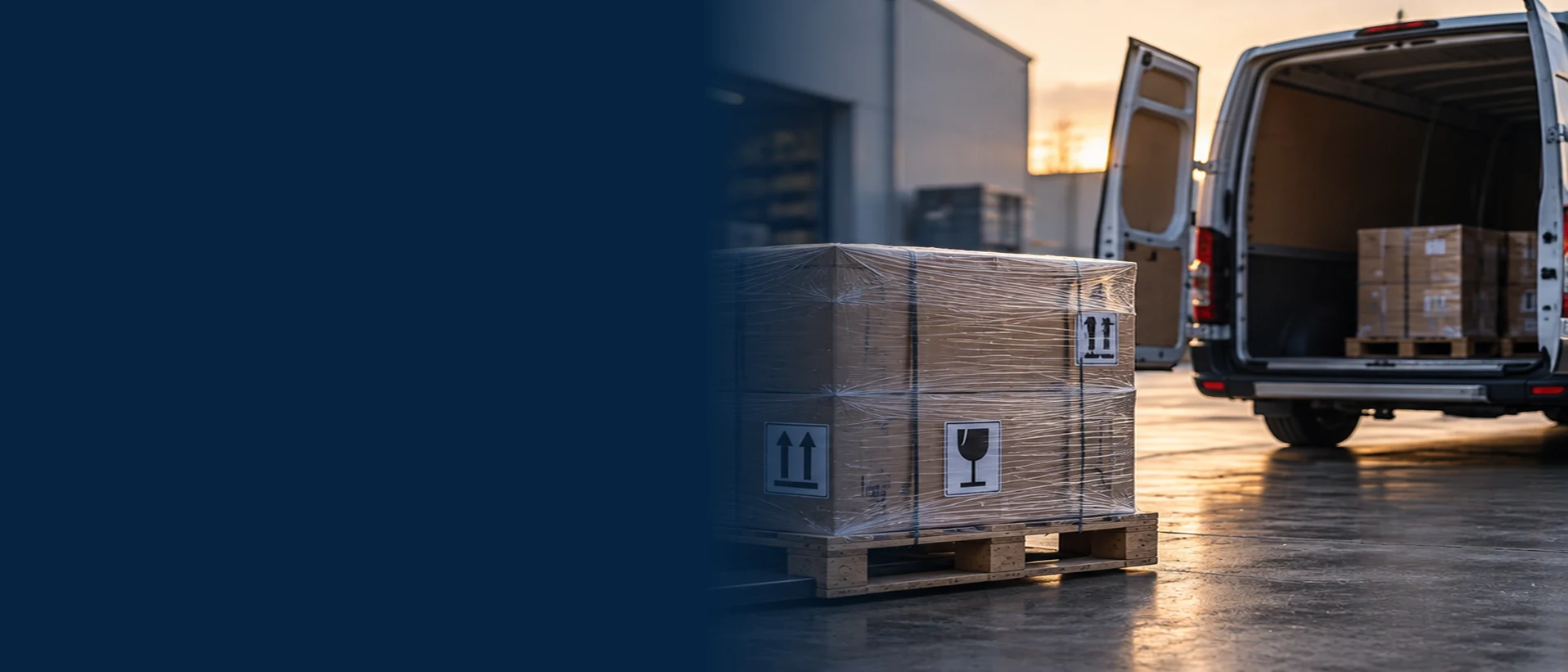 Shrink-wrapped pallet outside a warehouse beside an open delivery van